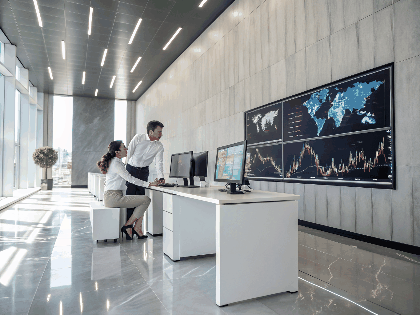 Financial brokers collaborating in a modern office