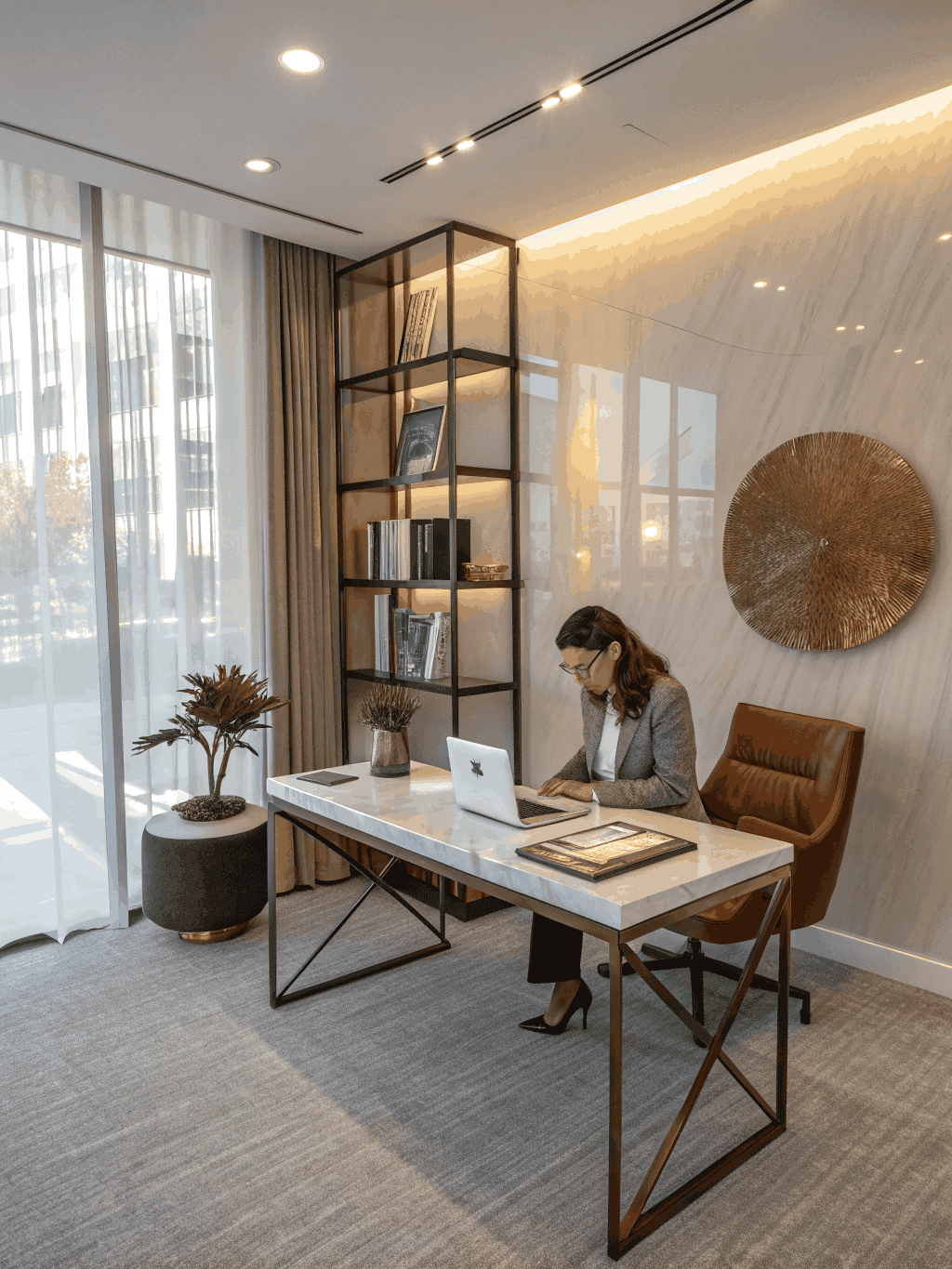 Financial consultant reviewing documents in a modern office
