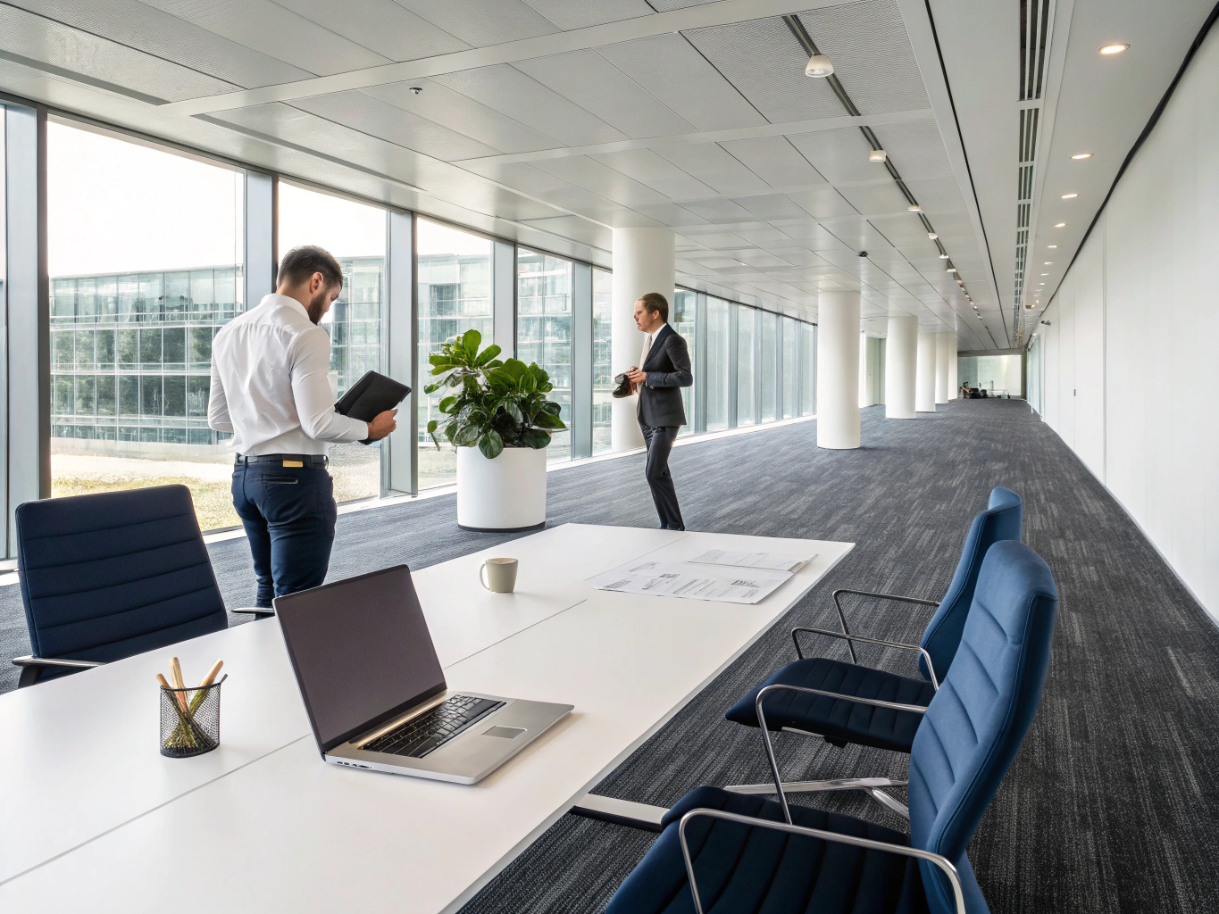Modern financial office with professional team reviewing lending documents under bright natural light